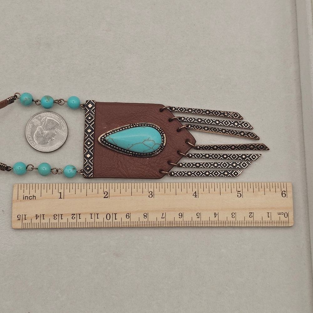 Brown Leather Blue Stone Pendant Necklace Metal Fringe Boho Tribal Southwest - Picture 9 of 13